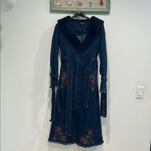 Current Mood Embroidered Denim Long Coat Dress - Picture 1 of 6